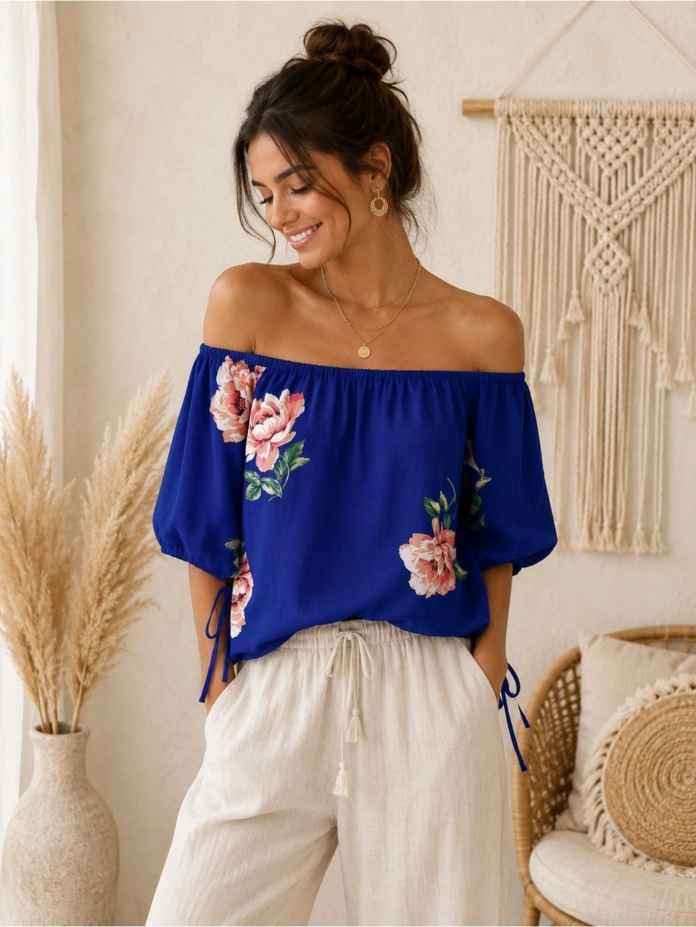Anthropologie Olive Tree Boho Chic Off-Shoulder Floral Blouse in Royal Blue